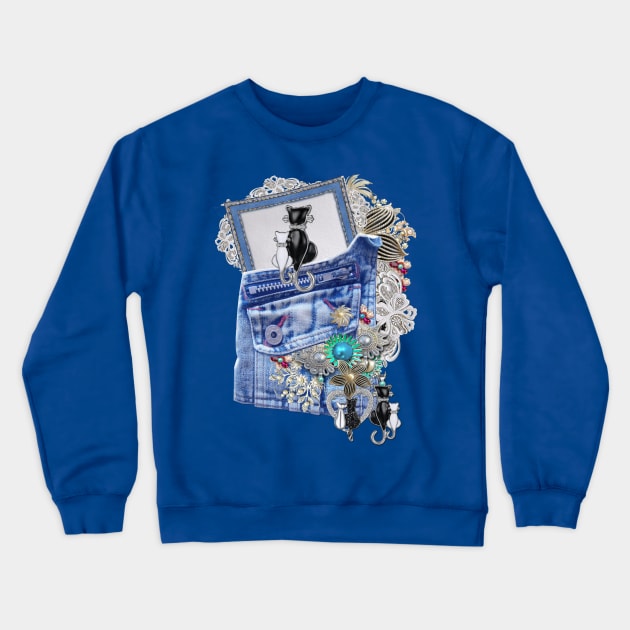 Blue Denim, lace - Costume Jewelry and kittens Crewneck Sweatshirt by Just Kidding by Nadine May